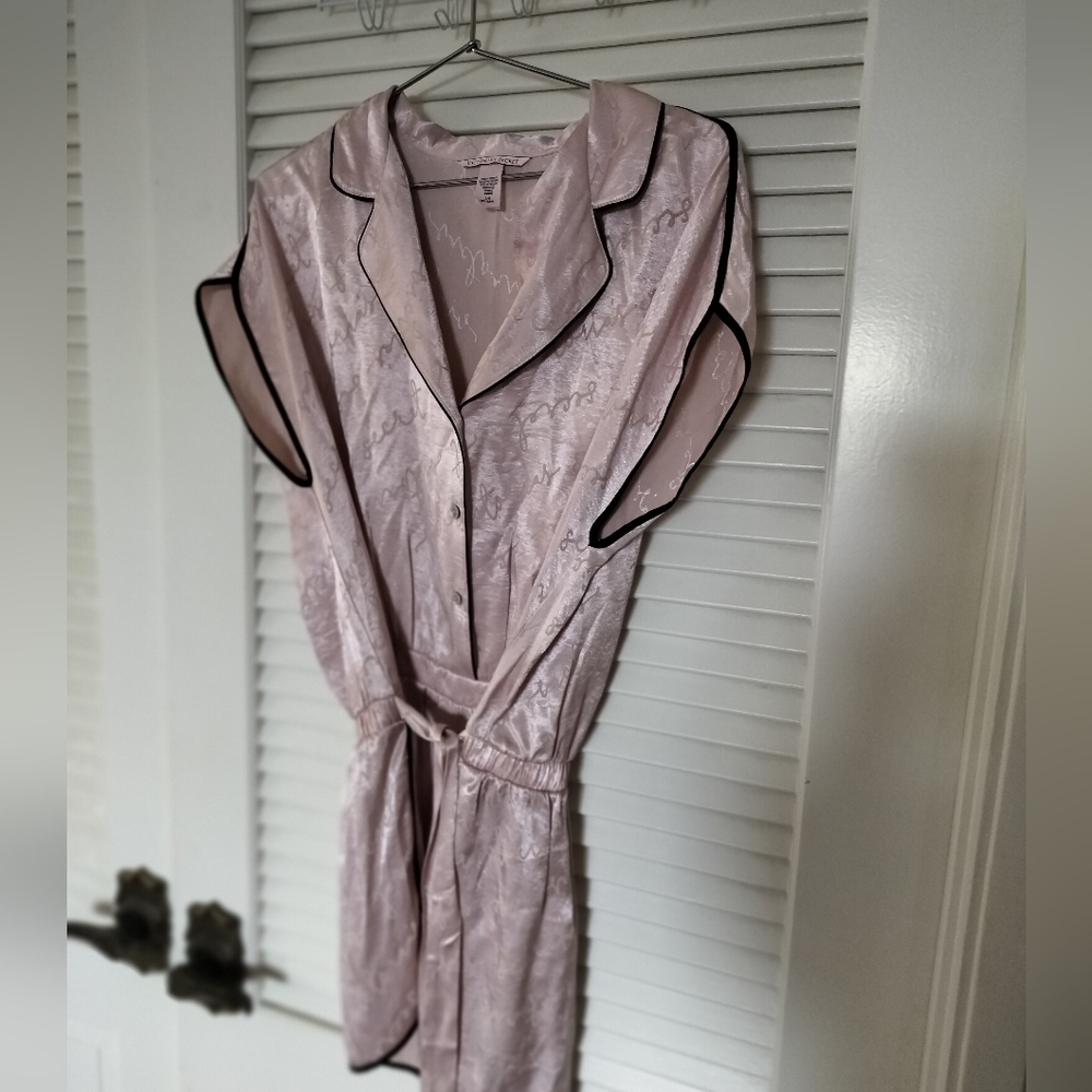 Victoria's Secret Pink Satin Romper Size Large Black Trim Waist Tie